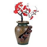 Tier Vase Fountain | Wasserfall Deko | 4-stufiger Zimmerbrunnen mit LED Licht & Kunstbaum | Indoor Tischbrunnen für Schlafzimmer Wohnzimmer Büro Entspannung Meditation
