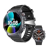 Smartwatch Herren mit GPS, Militär-Stil, 170+ Sportmodi, 1,43' AMOLED, Taschenlampe, Smart Watch für Android & iOS, Bluetooth Anrufe, Herzfrequenz/Schlaf, Kompass/Höhenmesser/Barometer, 3ATM, Schwarz