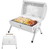 Holzkohlegrill Klein BBQ Grill Klappgrill Mini Koffergrill mit Deckel Tischgrill Tragbarer Grill Doppel Grillfläche für Outdoor Camping Balkon Picknick und Barbecue (Weiß, 50 x 37,5 CM)