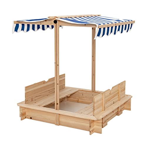 DREAMADE Sandkasten aus Massivholz, Sandkiste mit verstellbarem Sonnendach & Sitzbänken, Sandbox für Kleinkinder, für Garten, Terrasse, Strand, Outdoor