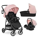 Hauck Kombi Kinderwagen Rapid 4R Plus Trio Set / XL Sonnen Verdeck UPF 50+ / Baby Wanne inkl. Matratze / Autositz / Getränke Halter / Schnell Faltbar / Höhenverstellbar / Bis 25 kg / Rosa