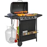 Outsunny 4+1 Brenner Gas BBQ Grill, Tragbarer Gasgrill mit eingebautem Thermometer, Deckel, Beistelltisch, Regal, Gewürzregal, Räder, Fettbecher für Gartenparty Outdoor Kochen, Schwarz