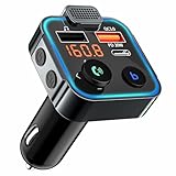 GlasFlength Bluetooth 5.0 FM Transmitter Auto Radio Adapter, Freisprecheinrichtung Auto Ladegerät mit PD 20W & QC 3.0 Schnelles Autoladegerät Blaue LED Backlit Dual-Mikrofone & Deep HiFi Bass