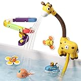 TUMAMA Badespielzeug Babys ab 1 Jahren, Badewannenspielzeug Set mit Wasserdusche, 2 Aufzieh Spielzeuge 2 Saug Spinner Spielzeuge Aufbewahrungstasche, Giraffe Wasserspritze Duschente für Kleinkinder