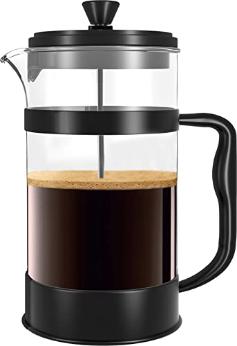 KICHLY French Press Kaffeemaschine- Tragbare Cafetière mit Dreifachfilter- Hitzebeständiges Glas mit Edelstahlgehäuse- Große Karaffe- 1000ml / 1 litre / 34Oz - Schwarz