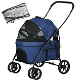 PawHut 2 in 1 Hundebuggy Haustierwagen mit Regenschutz, Klappbarer Katzenwagen mit 2 Sicherheitsleinen, für kleine Hunde und Katzen, Oxford, Dunkelblau