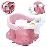 Twinly – Baby-Badesitz – Badestuhl mit Rückenlehne – Sicherheitsbügel zum Öffnen und 4 große Sicherheitssaugnäpfe – inklusive 3 Spielzeugen (Pink)