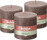 Bolsius Rustik Stumpenkerze XXL - Taupe - 3 Stück - 10 x 10 cm - Dekorative Haushaltkerzen - Länge Brenndauer 62 Stunden - Unparfümierte - Enthält Natürliches Pflanzenwachs - Ohne Palmöl