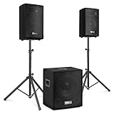 Vonyx VX0812BT - PA Anlage Komplettset - 1x aktiv Subwoofer, 2X passiv Hochtöner, inkl. Boxenständer, 800 Watt, Bluetooth, MP3 Player, USB, SD, Mikrofonanschluss, mobiles PA System, DJ Boxen Set