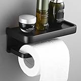 acfeco Klorollenhalter Ohne Bohren, Toilettenpapierhalter mit Ablage, Klopapierhalter Aluminiumlegierung, WC Papier Halterung, Selbstklebend für Toilette Badzimmer, Schwarz