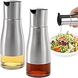 Tebery 2 Stück 300ml Silberne Olivenöl und Essigspender Set, Essig und Ölspender Set, Eleganter Edelstahl mit Glasboden, Ölspender Ölflasche für Küche und BBQ