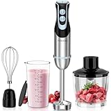 FRESKO 4-in-1 Stabmixer Edelstahl, 1000W Pürierstab mit 12 Geschwindigkeiten und Turbo-Modi, Inklusive Schneebesen, 500ml Lebensmittelhacker und 700ml Messbecher, für Babynahrung, Suppe, Smoothies