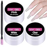 3 Stück 15ml UV-Aufbaugel für Gelnägel 3pcs Nagel Gel Uv Gel für Gelnägel Aufbau Gel für Gelnägel Nagel Aufbaugel for Home Salon Nail Reinforcement Extension Repair with Nail Brush and Grinding Pen