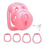 Pink Chastity Cage Männer mit 4 Cockring 3D-Gedruckter Peniskäfig Sex Spielzeug SM Fetisch Bondage Set Atmungsaktiv Sissy Penis Käfig für Herren (L)