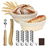 Gärkorb zum Brotbacken, 2 Stück Bäckermesser, 2 Stück Gärkörbchen, 23cm Rund & 25cm Oval Brotkörbchen, Brot Backen Zubehör Inklusive Lederschutzhülle, 20 Stück Edelstahlklingen und Leinenbezug