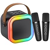 Karaoke Maschine Kinder, tragbarer Bluetooth-Lautsprecher mit LED und 2 drahtlosen Mikrofonen, kompatibel mit Android/iOS/iPad, Geburtstagsparty-Spielzeug für Jungen Mädchen