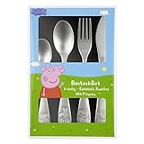 p:os Peppa Wutz Kinderbesteck, 4-teiliges Besteckset mit Messer, Gabel, Suppenlöffel und Dessertlöffel, Essbesteck mit Prägung aus rostfreiem Edelstahl