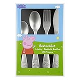 p:os Peppa Wutz Kinderbesteck, 4-teiliges Besteckset mit Messer, Gabel, Suppenlöffel und Dessertlöffel, Essbesteck mit Prägung aus rostfreiem Edelstahl