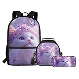 COEQINE Kinder-Rucksäcke für Mädchen, Katze, Blumen, Rucksäcke für die Schule, mit Lunchbox, niedliche Büchertasche, Kindergarten, Grundschule, Studenten, Teenager, Büchertasche, Kinderrucksack