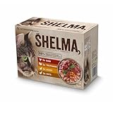 Shelma Katzen-Nassfutter Fleisch Multipack mit den Sorten Rind, Truthahn, Huhn und Ente – Getreidefreies Alleinfuttermittel mit hohem Fleischanteil – 12 x 85 g (1,02 kg)
