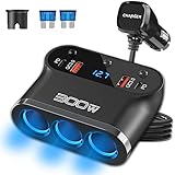 Dual PD 30W Auto Zigarettenanzünder Verteiler 300W: KFZ Adapter 12V USB C Ladegerät 3 Mehrfach Steckdose 12 Volt DC Stecker Splitter mit Schalter LED Voltmeter für iPhone Sitzheizung GPS Kamera Navi