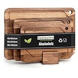 Caossuixin 3er Schneidebrett Holz Set(26 * 18, 33 * 24, 40 * 30), Massiver Akazie Holzbrett mit Saftrille, 2cm dicke Holzschneidebrett für Küchenplatten mit Brettständer