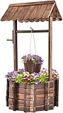 FANTASK 56x56x114cm Holzbrunnen mit Dach Wunschbrunnen, Garten Dekoration, Blumenkübel Dekobrunnen Blumentopf, Braun