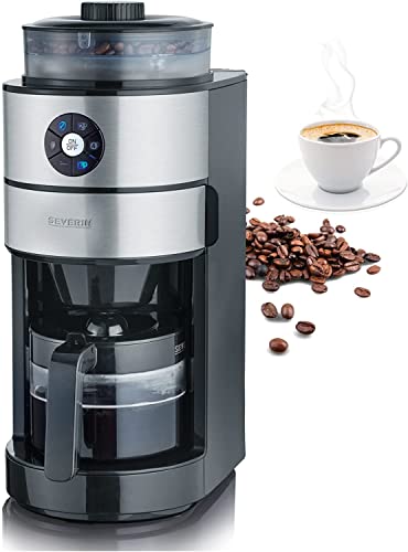 SEVERIN Kaffeeautomat mit Mahlwerk und Glaskanne, Für Kaffeebohnen und Filterkaffee, Automatische Abschaltung, bis zu 6 Tassen, KA 4811, Edelstahl/Schwarz