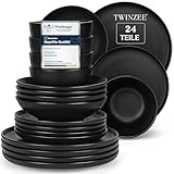 Twinzee Steinzeug Geschirrset Schwarz - Set von 24 Geschirr und Tischkunst - Teller Set - Mikrowellen- und Spülmaschinenfest - Langlebig und Elegant