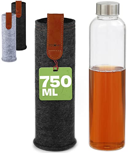 Trinkflasche aus Glas mit Filztasche 750ml - Auslaufsicher - Kohlensäure Geeignet - Spülmaschinenfest (Anthrazit)
