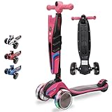 Kinderroller LED Leuchträder, 3 Rad Tretroller - Klappbar, Höhenverstellbar, Mädchen & Jungen, Scooter 3-12 Jahre, bis 100kg - Pink