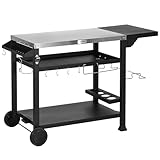 Outsunny Grillwagen Grilltisch mit klappbarem Beistelltisch, Servierwagen mit 3 Etagen, 6 Haken, Rollen, Weinregal, Grill Trolley mit Tischplatte aus Edelstahl für Outdoor, Schwarz