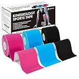 Ceeport Kinesiologie Tape (5cm x 5m, 3 Rollen) Elastisches Kinesiotapes Muskelband für Gelenk und Muskelunterstützung, Schulter, Knöchel, Ellbogen, Handgelenk, Knieschmerzlinderung (Schwarz+Rosa+Blau)