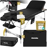 tectake® Massageliege 3 Zonen, Massagetisch, Massageliege klappbar, höhenverstellbare Aluminium Massageliege, Massagebett tragbar inkl. Zubehör, Kopfstütze, Armlehne, Tragetasche - schwarz