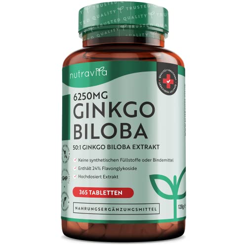 Ginkgo Biloba 6250 mg - 365 Tabletten - Hochdosiert und premium Qualität - Ginko Extrakt hochkonzentriert - Extrakt 50:1 - Enthält 24% Flavonoglykoside - Vegan - Hergestellt von Nutravita