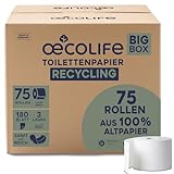 oecolife Toilettenpapier Box RECYCLING, 3-lagig, 75 Rollen x 180 Blatt, Großpackung, superweich, vegan, nachhaltiges Klopapier, wc papier ohne Plastikverpackung, wiederverwandbar