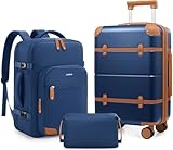 Mosslly Kofferset 3-teilig, Erweiterbar Leicht 100% PC Hardshell Handgepäck Set mit Rucksack, Reisekoffer mit Doppelspinnrädern, TSA-Schloss, Teleskopgriff, Blau, 20 Inch Set, Modern