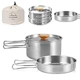 Udbrud Camping Kochgeschirr Set, Camping Topf Edelstahl Camping Kochtopf mit Deckel und faltbarem Griff Tragbar Outdoor Geschirr Set für Camping Wandern Angeln Picknick