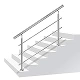 Aufun Treppengeländer Edelstahl Handlauf Geländer für Treppen, Innen und Außen, Balkon, Brüstung, Silber, Länge: 200cm, mit 3 Querstreben