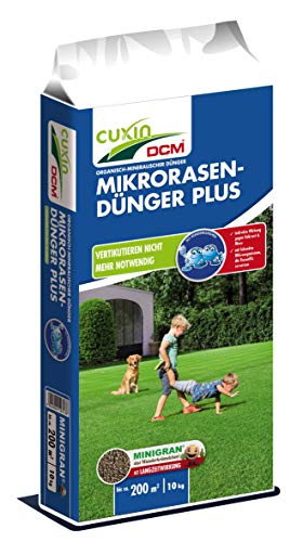 Cuxin Mikrorasen-Dünger Plus | für 200 qm | NPK-Dünger 10-3-18 + 3 MgO + 0,2% Fe | 10 kg Rasendünger | gegen Moos und Filz im Rasen