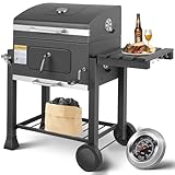 Grau Holzkohlegrills, Grillwagen, Holzkohlegrills XL, Groß Kohlegrill, Griller, Smoker Holzkohlegrill mit Deckel, Rädern, Grillrost und Thermometer, Höhenverstellbar, BBQ Grill für camping und Garten