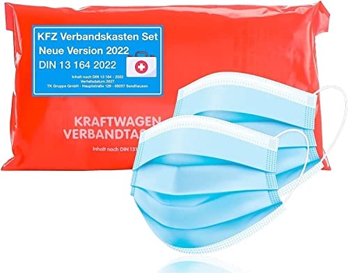 Auto Verbandskasten - Neue Norm 2023 für Tüv geprüft - zertifiziert DIN 13164 - STVO & 2x Maske Erste Hilfe KFZ Verbandstasche Kit First Aid