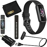Fitbit Luxe Wellness & Fitness Tracker (Schwarz/Graphit) mit Pulsmesser, Schlaf-Tracker, Bundle mit 2 Uhrenarmbändern, 1,0 m Ladekabel, Wandadapter, Bildschirmschutz & PremGear für Fitbit