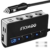 OOWOLF Zigarettenanzünder Verteiler, QC 3.0 180W 12V/24V, Adapter Auto Ladegerät, 3 DC Steckdose Splitter 4 USB Anschlüsse KFZ Verteiler für Smartphone, Tablet, GPS, Navi