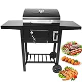 LIULIQ Übergroßer Holzkohlegrill, Tragbarer Holzkohlegrill Mit Deckel, Ablage Und Rädern, Extra Große Grillfläche, Individuell Verstellbare Holzkohleschale Für Gartenpartys