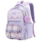 CNAFGBGG 1PC Girls Rucksack Mehrere Taschen Kawaii-Rucksack mit breiten Schultergurten wasserdichte, Tränenresistente Schultasche für die Grundschule für Grundschule, 6-14 Jahre, Lila