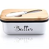 Butterdose mit Holzdeckel，Butterdose edelstahl Butterglocke für 250 g Butter，Butterdose mit Multifunktionales Buttermesser，Große Butterdose aus Edelstahl，Butterbox für Haushalt und Küche(Weiß)