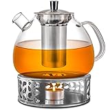 Cosumy Teekanne mit Sieb und Stövchen - 1,5 Liter - Hält lange warm - Spülmaschinenfest - Glas Teebereiter Groß