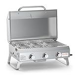 Onlyfire 3 Brenner Tragbarer Gasgrill | Tischgasgrill mit Grillrost | 7Kw | Grillfläche 56,5 × 34 cm | mit Thermometer, Deckel | Klappbaren Beinen | BBQ Campinggrill für Terrasse, Balkon und Garten