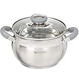 Daniks Modern Edelstahl Kochtopf | Pastatopf mit Glasdeckel | 20 cm 4 Liter | Fleischtopf Suppentopf Bratentopf | Silber